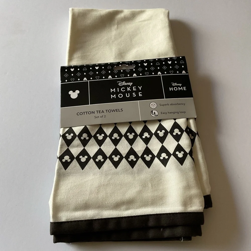DISNEY SET OF 2 COTTON TEA DISH TOWELS MICKEY MOUSE BLACK AND WHITE NWT